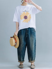 Loose Daisy Print Round Neck T-Shirt