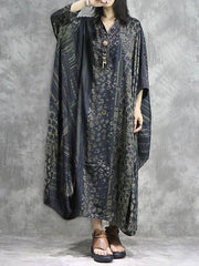 Vintage Split-joint Loose Silk Printed Maxi Dress