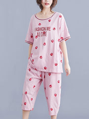 Loose Short Sleeve Printed Loungewear&Pajamas Set