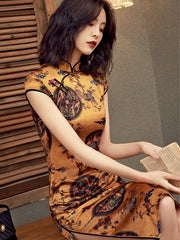 Printed Fashionable Slim Fit Clashing Short Sleeve Cheongsam Midi Dress