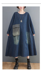 Denim Lapel Patchwork Loose Midi Dress
