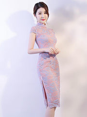 Pink Lace See-through Split-side Short Cheongsam