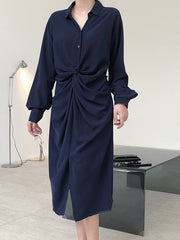 Lapel Single-Breasted Soild Shirt Dress