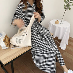 Women Lapel Plaid Print Casual Dress