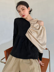 Hollow Strapless Stylish Stitching Pleated T-shirt
