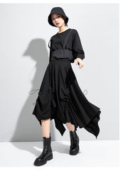 Irregular Solid Color Drawstring Skirt