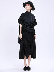 Original Puff Sleeve Drawstring Stand Collar Shirt Dress