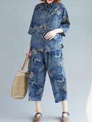 Loose Printed Blouse + Harem Pants Suit