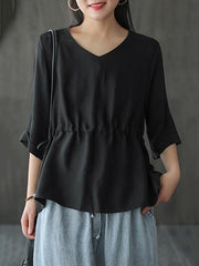 Loose Vintage Drawstring Solid T-Shirt