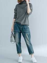 High Neck Solid Color Long Sleeves T-Shirt Tops