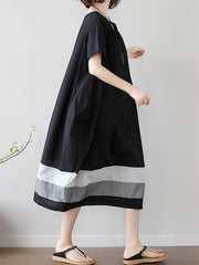 Women Square Neck Short Sleeve Loose Stitching Dress