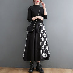 Embroidery Splicing Elastic High Waist A-Line Skirt