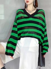 Stripe Clash V-Neck Short Long Sleeve Top