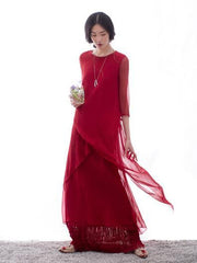 Two Pieces Silk Red Cropped Long Dress