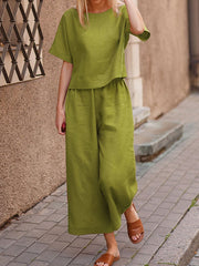 Solid Short Sleeves Loose Two Piece Suit