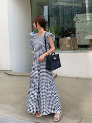 Printed Ruffled Polka Dot Round Neck Dress
