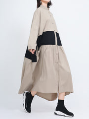 Stand-Up Collar Cotton And Linen Stitching Contrast Midi Dress