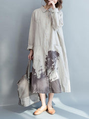 Creamy Linen Lapel Loose Blouse Long Dress