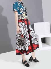 Vintage Print Short Sleeve Loose Midi Dress