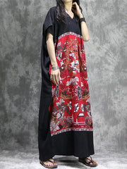 National Printed Black&Red Ramie Cotton Long Dress