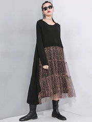 Leopard Splicing Round Collar False Two Midi Dress