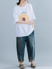 Loose Daisy Print Round Neck T-Shirt