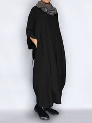 Casual Loose Solid Color Falbala Round-Neck Long Sleeves Maxi Dress