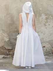 White Sleeveless V-Back V-Neck Lace-Up Long Dress