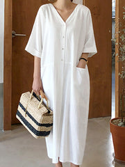 Loose V-Neck Half Sleeves Solid Maxi Dress