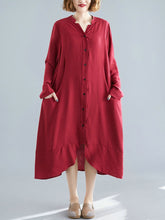 Stand Collar Falbala Solid Midi Dress