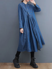 Retro Denim A-Line Stand Collar Midi Dress