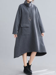 Retro Plaid High Neck Long Sleeve Midi Dress