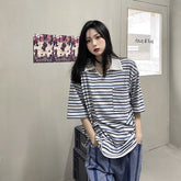Retro Striped Lapel Loose Casual T-Shirt