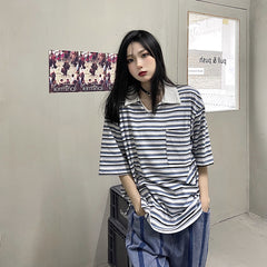 Retro Striped Lapel Loose Casual T-Shirt