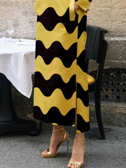 Long Sleeves Loose Contrast Color Split-Side Striped Stand Collar Midi Dresses