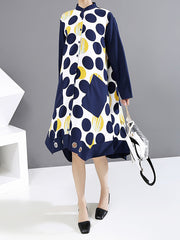 Polka-Dot Stand Collar Split-Joint Midi Dress