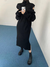 Loose Detachable Sleeve Long High Neck Pullover Sweater Dress