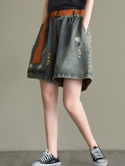 Casual Embroidered Hole Denim Shorts