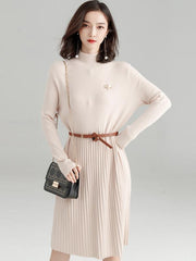 Splicing Pleated Solid Color Knitting Sweater Dress