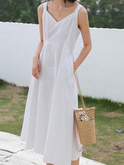 Solid Color Sleeveless A-Line V-Neck Dress