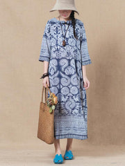 Blue Batik Linen 3/4 Sleeves Long Dress