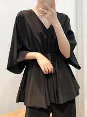 Loose Solid V-Neck Bat Sleeves Chiffon Shirt