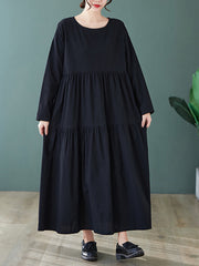 Retro Solid Color Loose Midi Dress