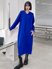 Retro Solid Color Knitted Midi Dress