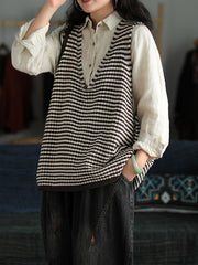 Women Retro Loose V-Neck Striped Vest