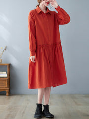 Loose Solid Color Lapel Lace-Up Midi Dress