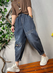 Elastic Waist Solid Color Jeans Pans