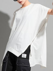 Cap Sleeve Roomy Asymmetric Pure Color Split-Side Zipper Round-Neck T-Shirts Tops