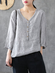 V-Neck Linen Striped Cotton 3/4 Sleeve Shirt