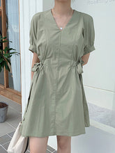 Original Solid V-Neck Puff Sleeve Dress